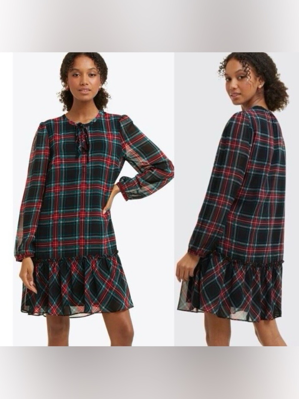 Draper James Shift Dress Tartan Plaid Chiffon Long Sleeve Holiday Size L. NWT